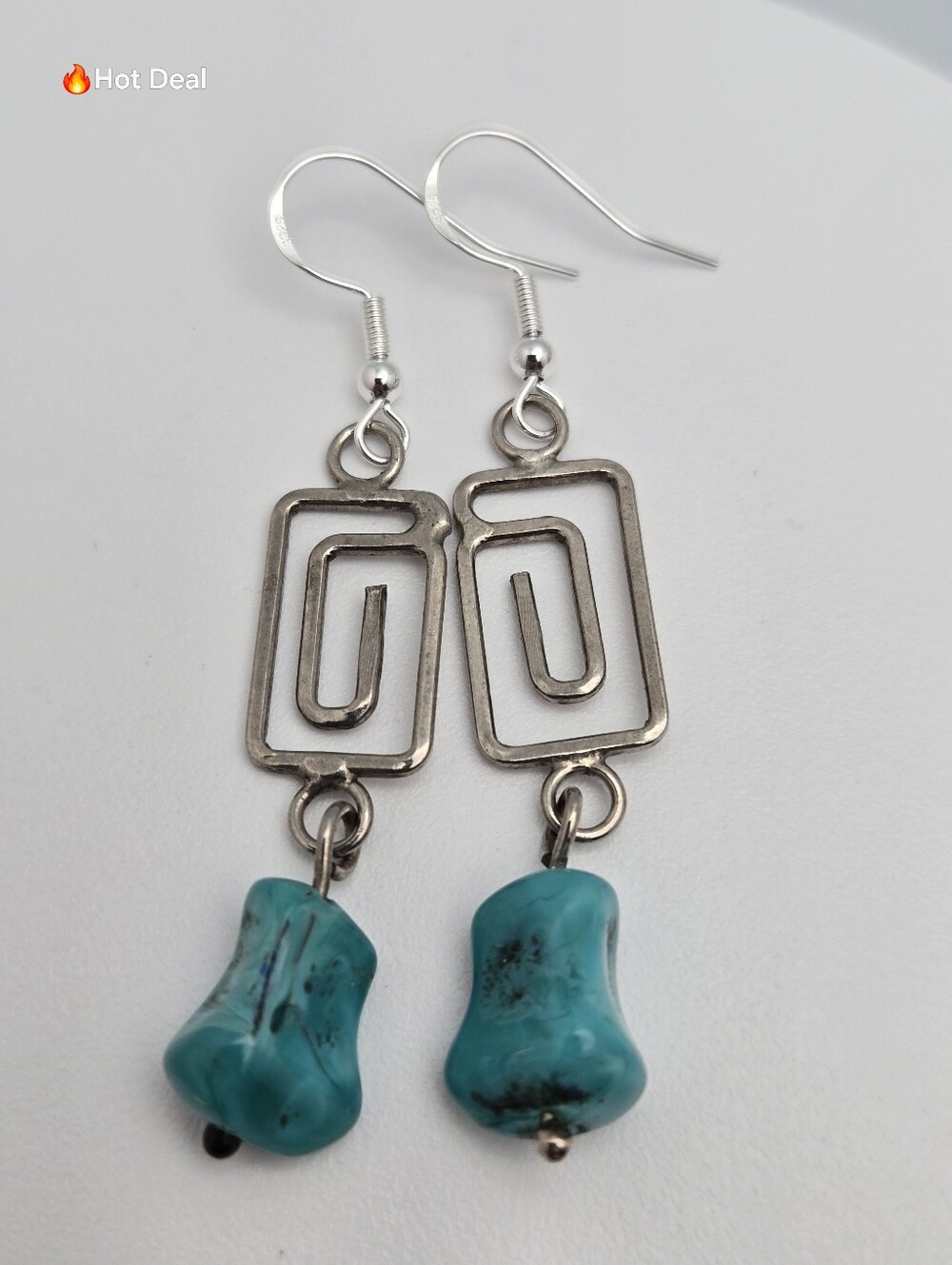 Turquoise Dangle Earrings Greek Key Boho Geometric 2.5" Sterling Silver 925